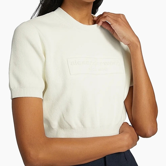 NWT$375 Alexander Wang Embossed Logo Ribbed Cropped Knit Sweater Top Sz Small - Picture 5 of 15